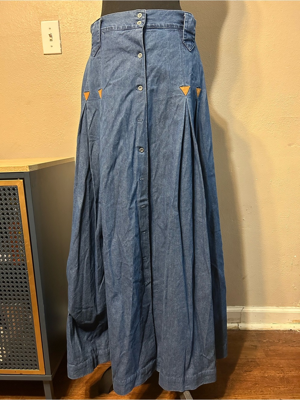 Frontier Classics Molly Denim Maxi Skirt 12 Western Cowgirl Suede Pleated CL30